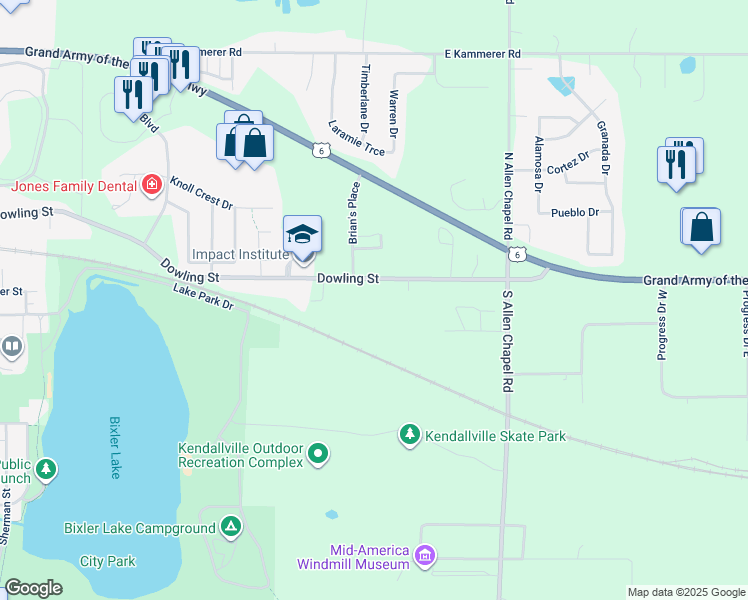 map of restaurants, bars, coffee shops, grocery stores, and more near 1802 Dowling Street in Kendallville