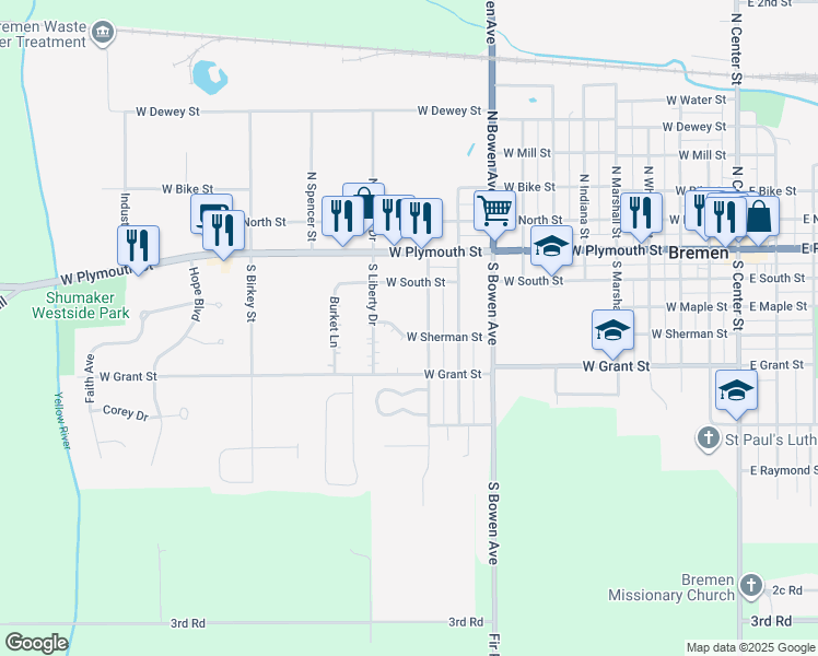 map of restaurants, bars, coffee shops, grocery stores, and more near 1100-1198 West Sherman Street in Bremen