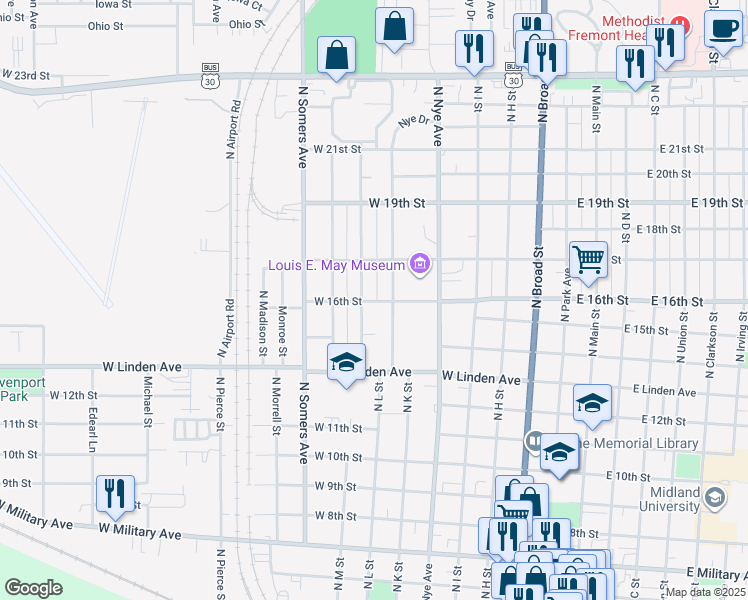 map of restaurants, bars, coffee shops, grocery stores, and more near 1505 North Colson Avenue in Fremont