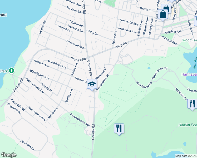 map of restaurants, bars, coffee shops, grocery stores, and more near 1 Pinewood Lane in Oak Bluffs