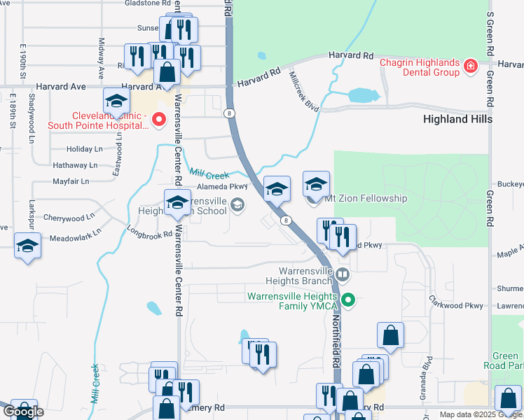 map of restaurants, bars, coffee shops, grocery stores, and more near 4270 Northfield Road in Warrensville Heights