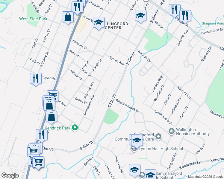 map of restaurants, bars, coffee shops, grocery stores, and more near 307 South Elm Street in Wallingford