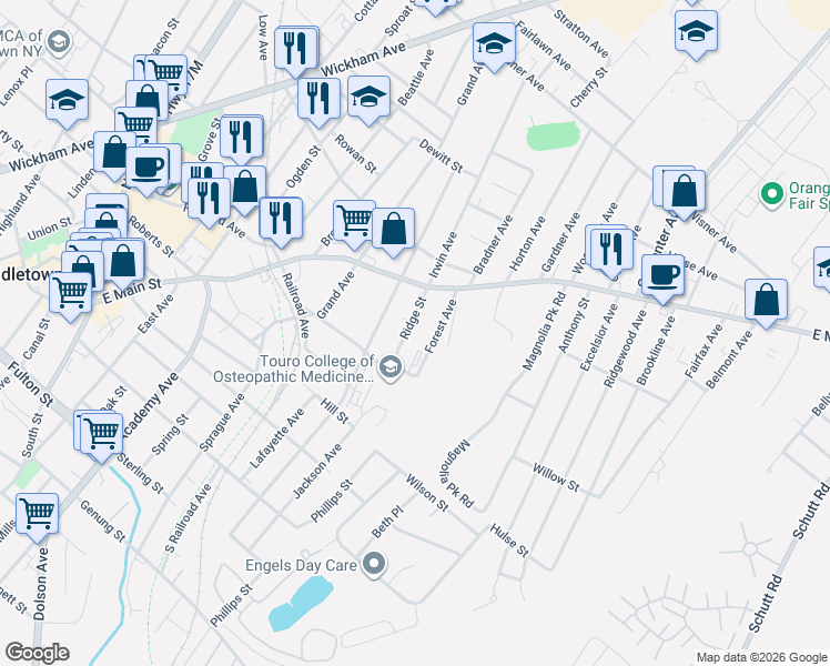 map of restaurants, bars, coffee shops, grocery stores, and more near 31-1/2 Forest Avenue in Middletown