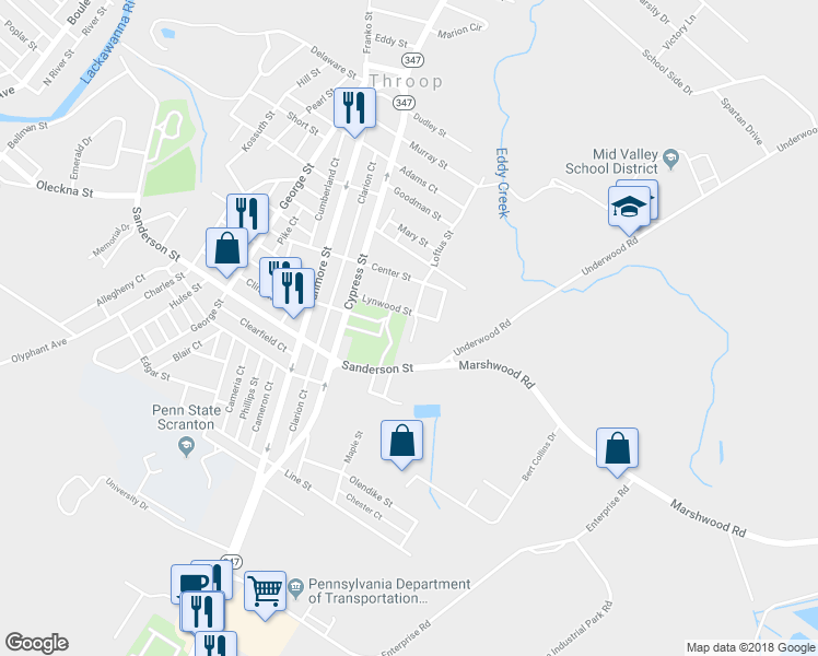 map of restaurants, bars, coffee shops, grocery stores, and more near 3 Bruno Drive in Scranton