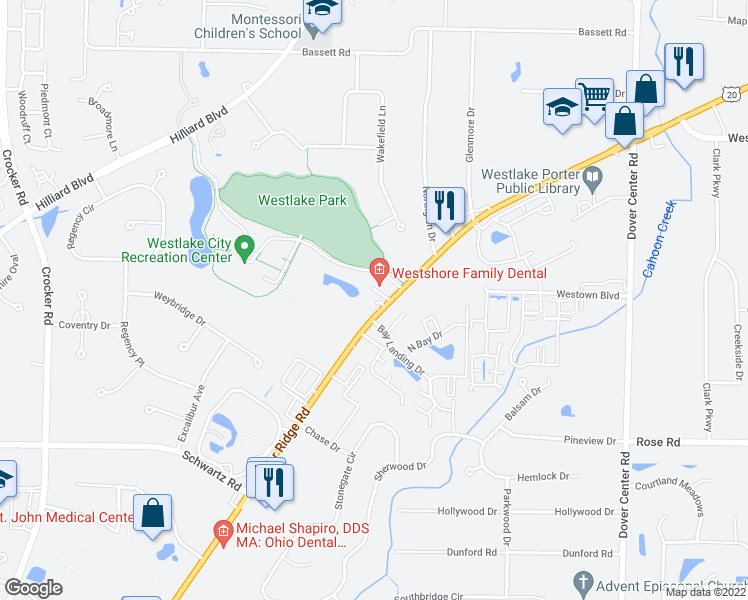 map of restaurants, bars, coffee shops, grocery stores, and more near 28080 Center Ridge Road in Westlake
