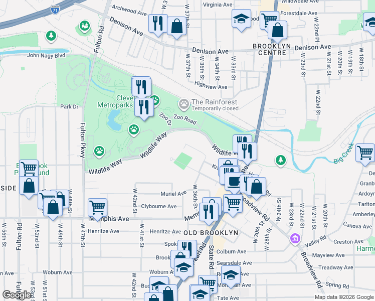 map of restaurants, bars, coffee shops, grocery stores, and more near 3798 Broadview Road in Cleveland