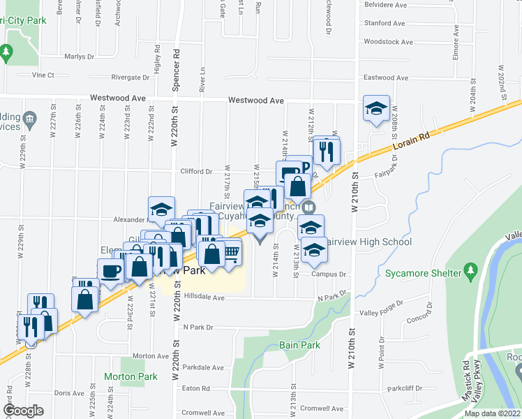 map of restaurants, bars, coffee shops, grocery stores, and more near 4341 West 215th Street in Fairview Park