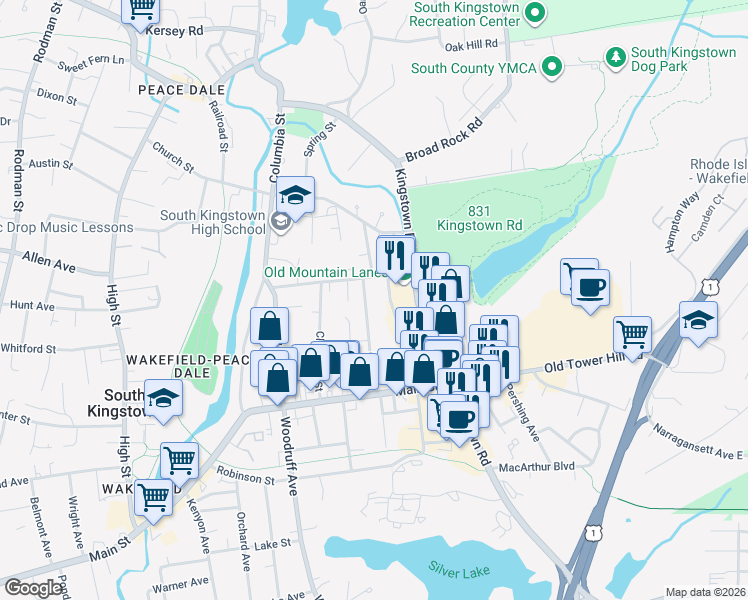 map of restaurants, bars, coffee shops, grocery stores, and more near 75 Oak Street in South Kingstown