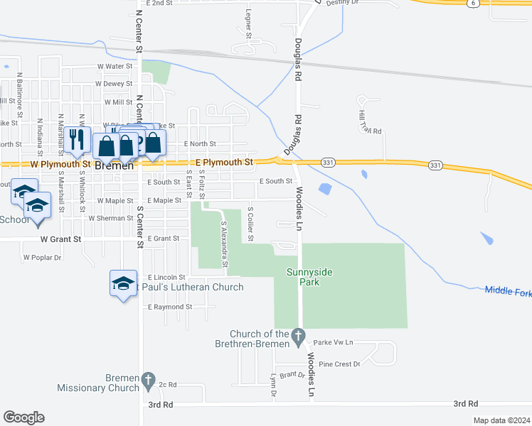 map of restaurants, bars, coffee shops, grocery stores, and more near 427 Woodies Lane in Bremen