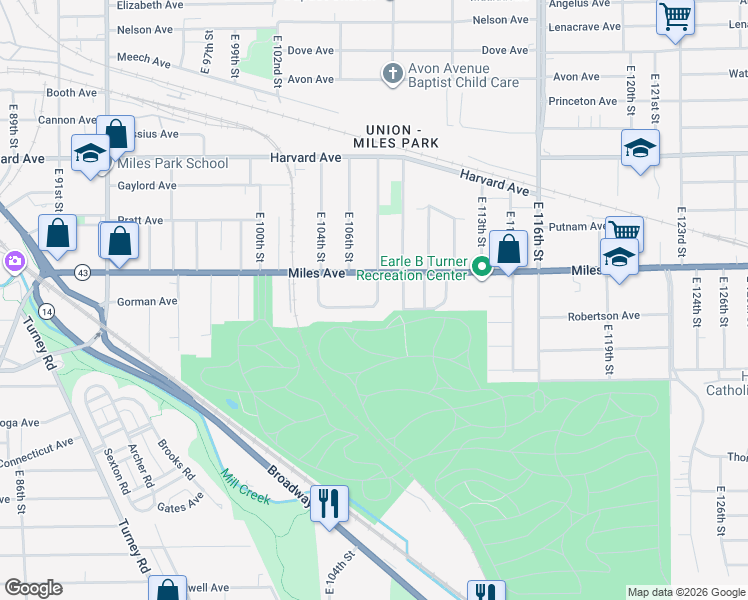 map of restaurants, bars, coffee shops, grocery stores, and more near 10612 Miles Avenue in Cleveland