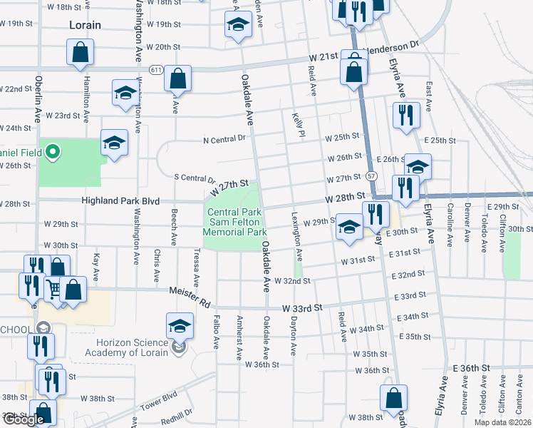 map of restaurants, bars, coffee shops, grocery stores, and more near 523 West 28th Street in Lorain
