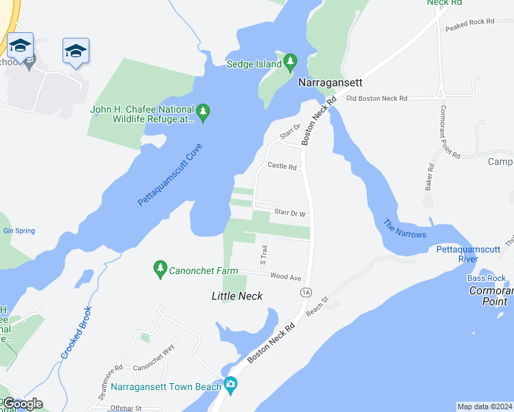 map of restaurants, bars, coffee shops, grocery stores, and more near 21 Starr Drive in Narragansett