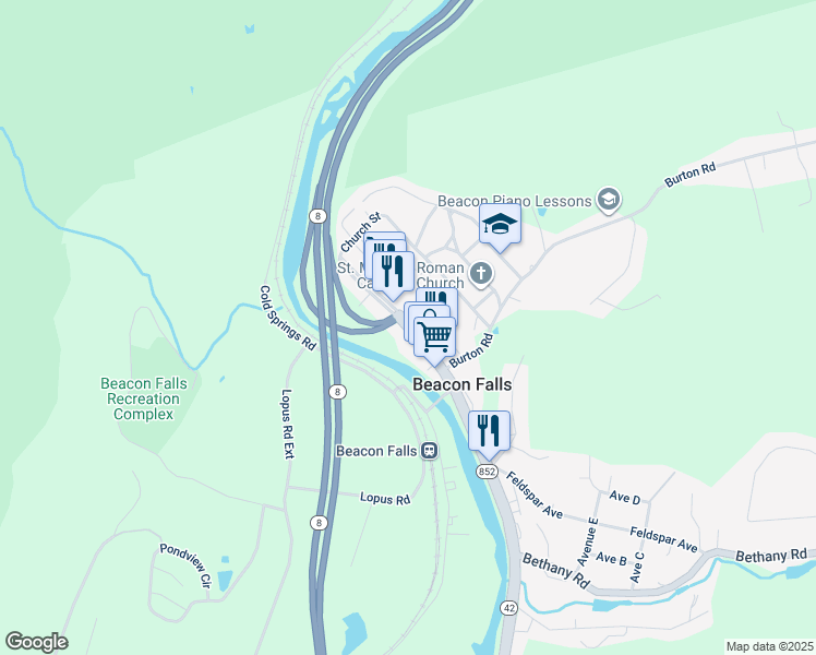 map of restaurants, bars, coffee shops, grocery stores, and more near 70 North Main Street in Beacon Falls