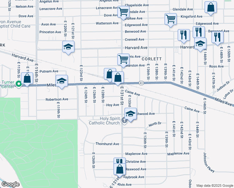 map of restaurants, bars, coffee shops, grocery stores, and more near 4210 East 130th Street in Cleveland