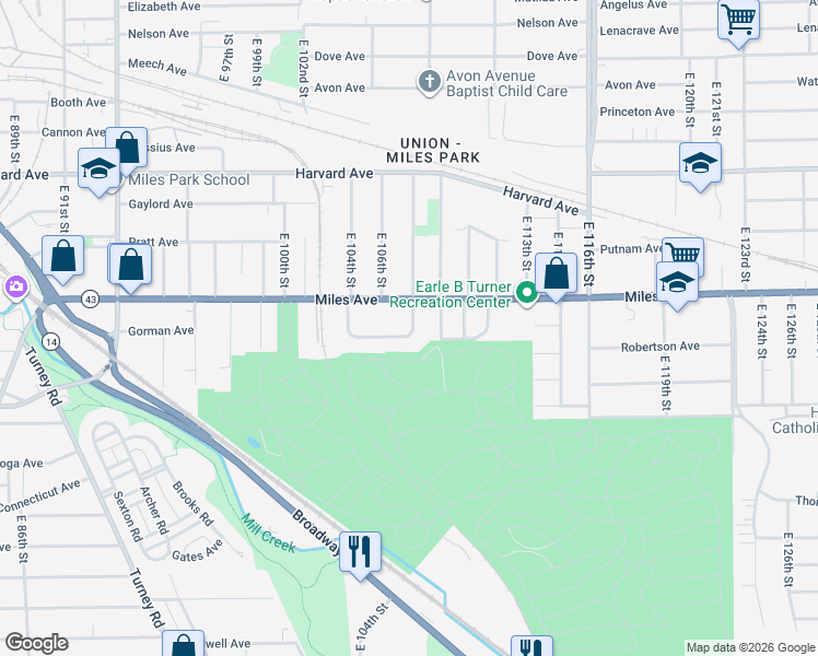map of restaurants, bars, coffee shops, grocery stores, and more near 10612 Miles Avenue in Cleveland
