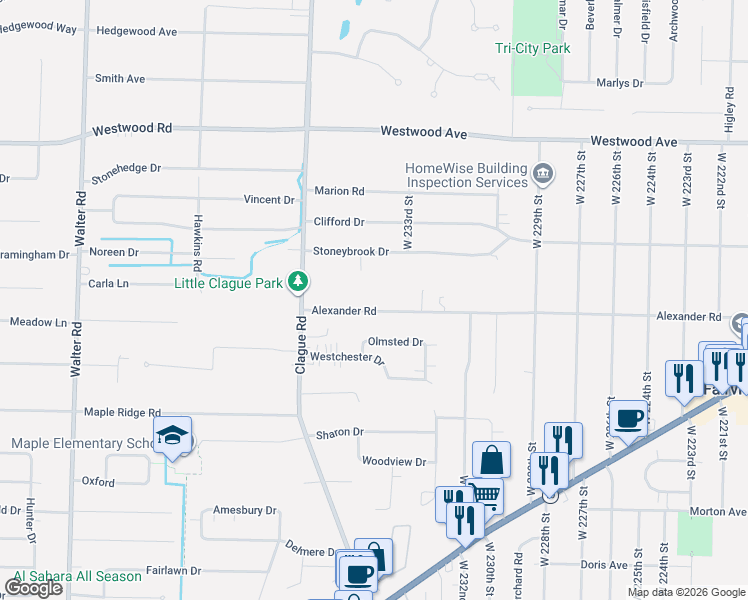 map of restaurants, bars, coffee shops, grocery stores, and more near 23469 Greenwood Lane in North Olmsted