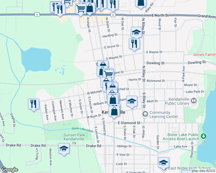map of restaurants, bars, coffee shops, grocery stores, and more near 207-245 N Main St in Kendallville