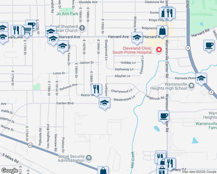 map of restaurants, bars, coffee shops, grocery stores, and more near 4243 Larkspur Lane in Warrensville Heights