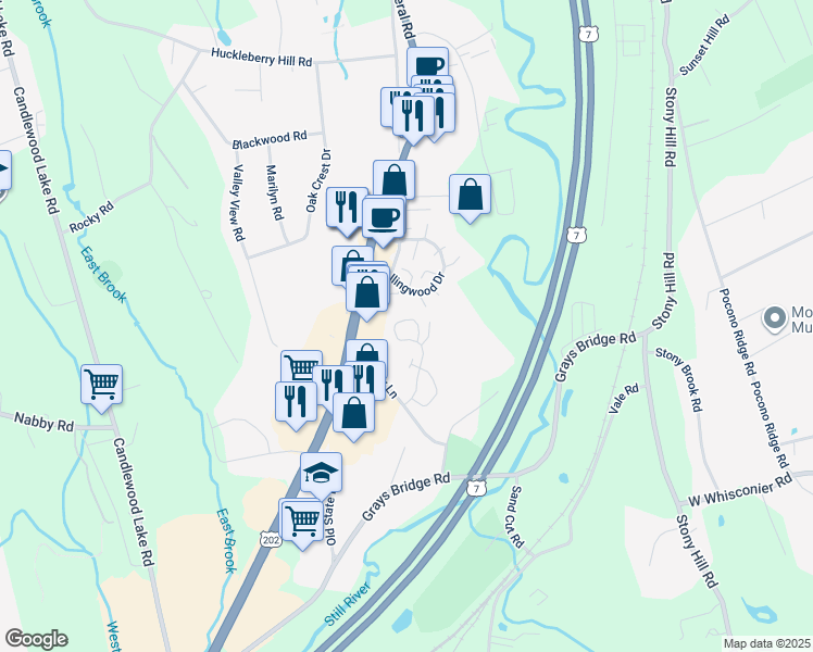 map of restaurants, bars, coffee shops, grocery stores, and more near 86 Homestead Lane in Brookfield