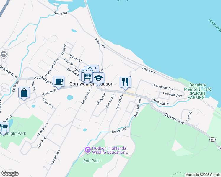 map of restaurants, bars, coffee shops, grocery stores, and more near 12 Church Street in Cornwall-on-Hudson