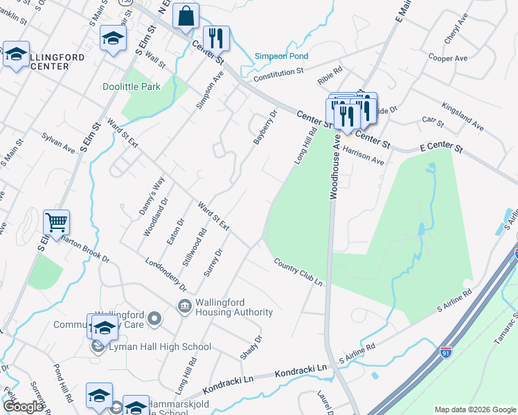 map of restaurants, bars, coffee shops, grocery stores, and more near 138 Long Hill Road in Wallingford