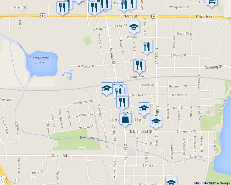 map of restaurants, bars, coffee shops, grocery stores, and more near 113 North Main Street in Kendallville