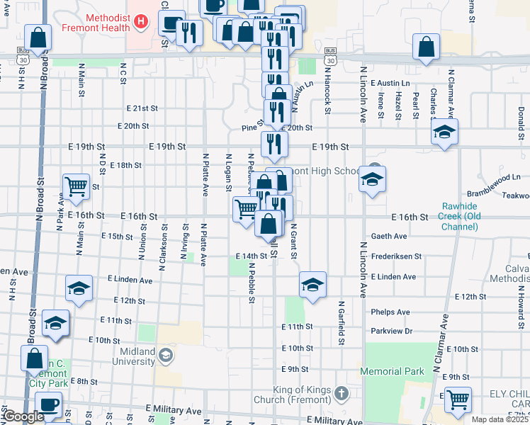 map of restaurants, bars, coffee shops, grocery stores, and more near 1640 North Pebble Street in Fremont