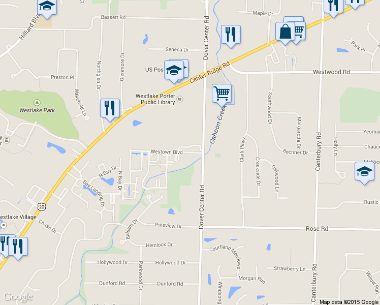 map of restaurants, bars, coffee shops, grocery stores, and more near 3010 Dover Center Road in Westlake