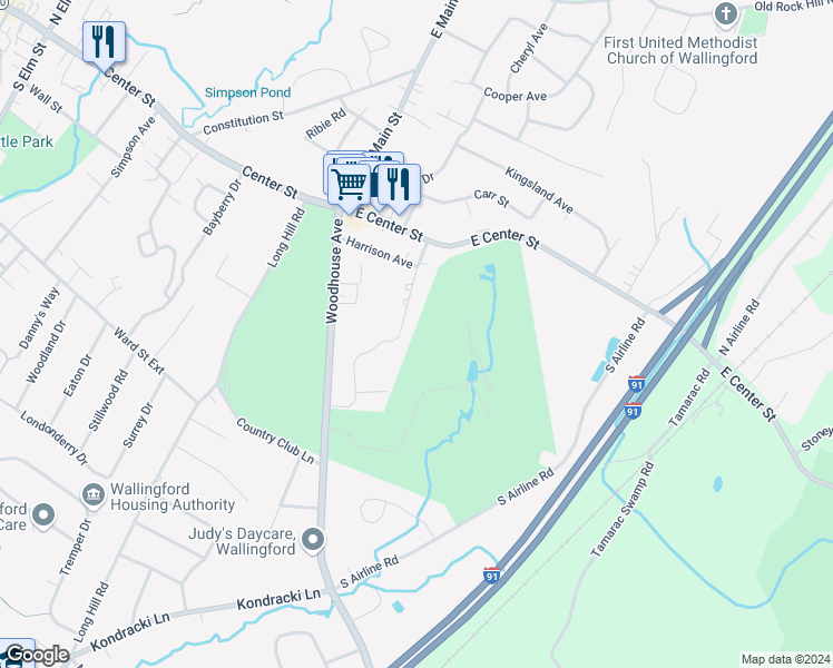 map of restaurants, bars, coffee shops, grocery stores, and more near 24 Putter Drive in Wallingford