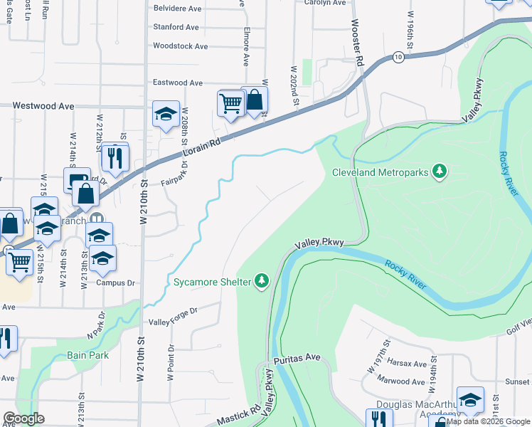 map of restaurants, bars, coffee shops, grocery stores, and more near 4391 Valley Forge Drive in Fairview Park