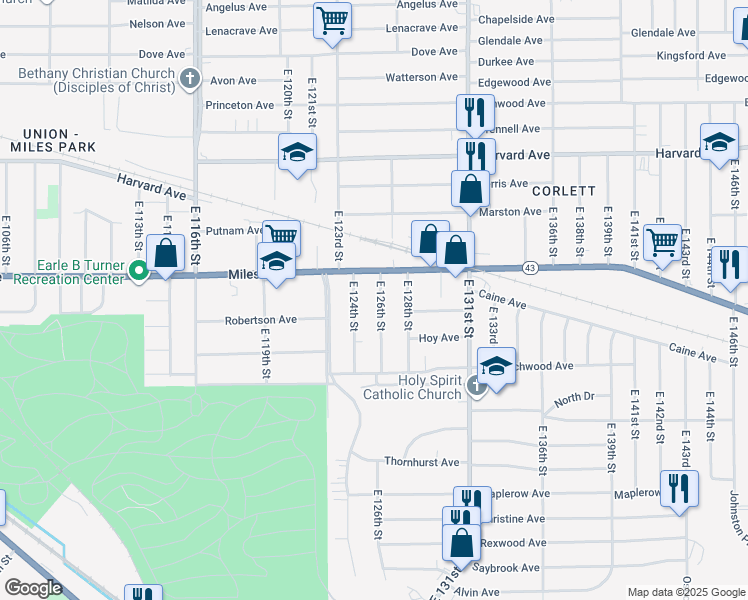 map of restaurants, bars, coffee shops, grocery stores, and more near 12412 Miles Avenue in Cleveland