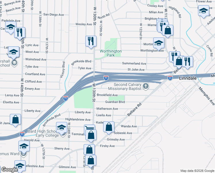 map of restaurants, bars, coffee shops, grocery stores, and more near 12625 Hirst Avenue in Cleveland