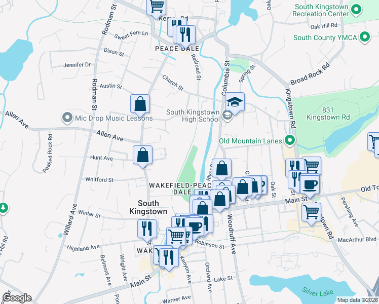 map of restaurants, bars, coffee shops, grocery stores, and more near William C. O'Neill Bike Path in South Kingstown