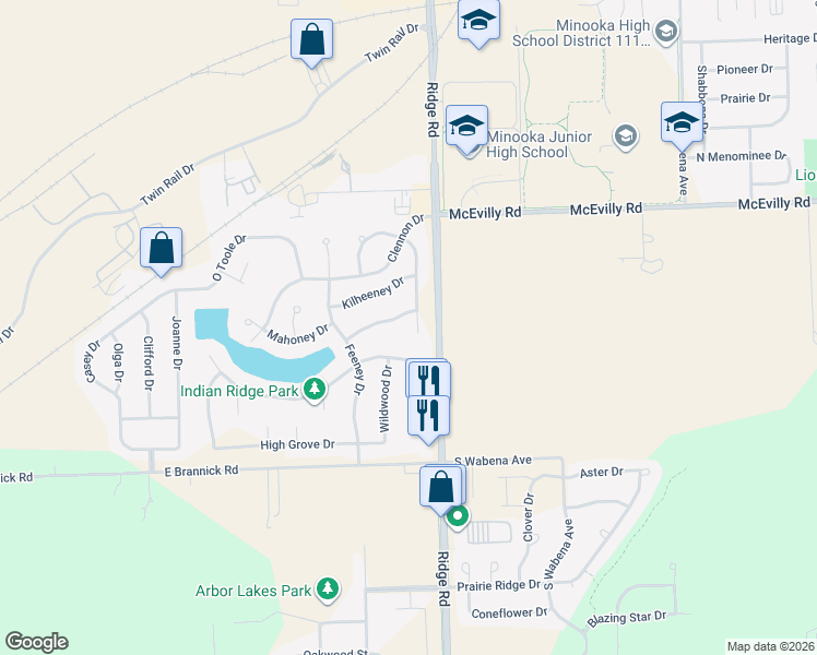 map of restaurants, bars, coffee shops, grocery stores, and more near 609 Flanagan Drive in Minooka