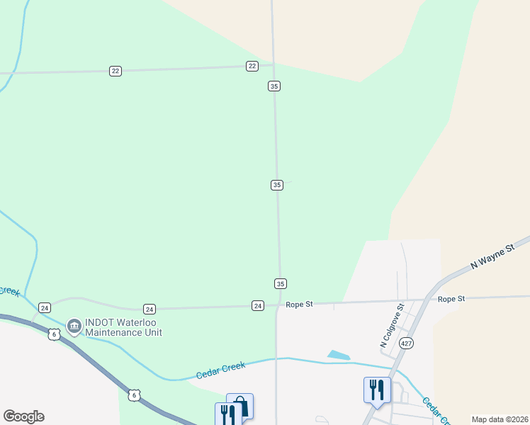 map of restaurants, bars, coffee shops, grocery stores, and more near 2382 County Road 35 in Waterloo