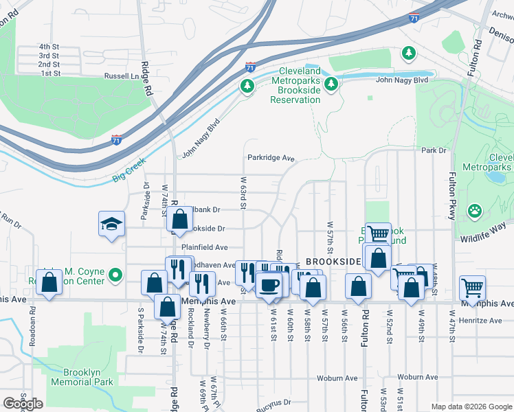 map of restaurants, bars, coffee shops, grocery stores, and more near 6200 Dellbank Drive in Cleveland