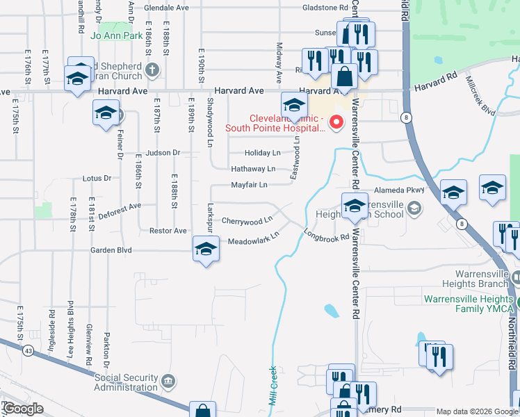 map of restaurants, bars, coffee shops, grocery stores, and more near 19603 Longbrook Road in Warrensville Heights