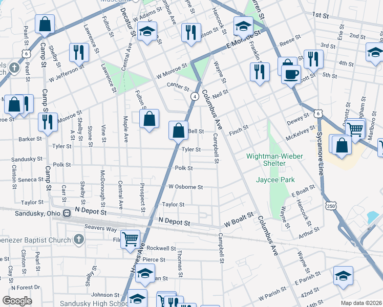 map of restaurants, bars, coffee shops, grocery stores, and more near 413 Tyler Street in Sandusky