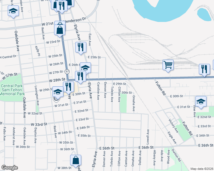map of restaurants, bars, coffee shops, grocery stores, and more near 516 East 28th Street in Lorain