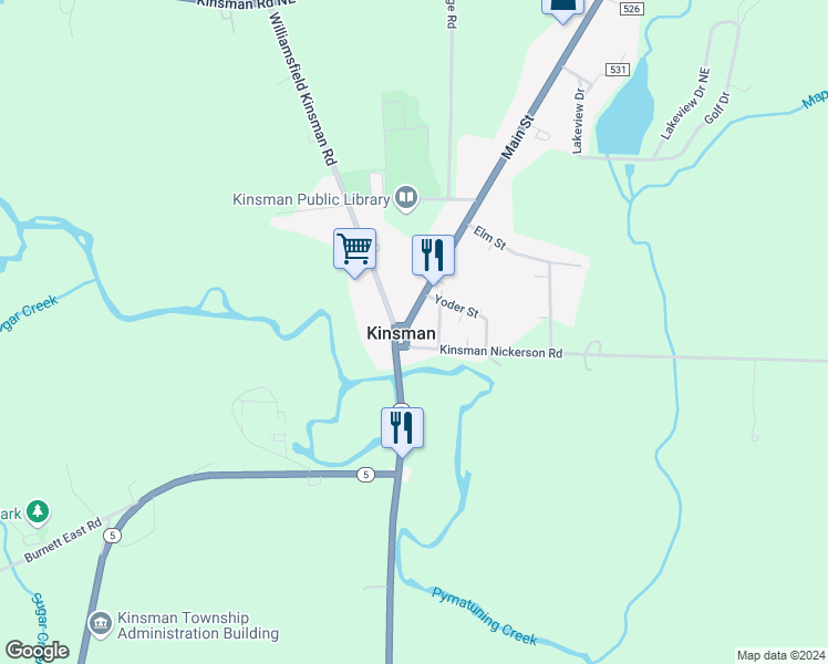 map of restaurants, bars, coffee shops, grocery stores, and more near 8222 Main Street in Kinsman