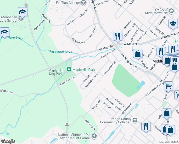 map of restaurants, bars, coffee shops, grocery stores, and more near 68 California Avenue in Middletown