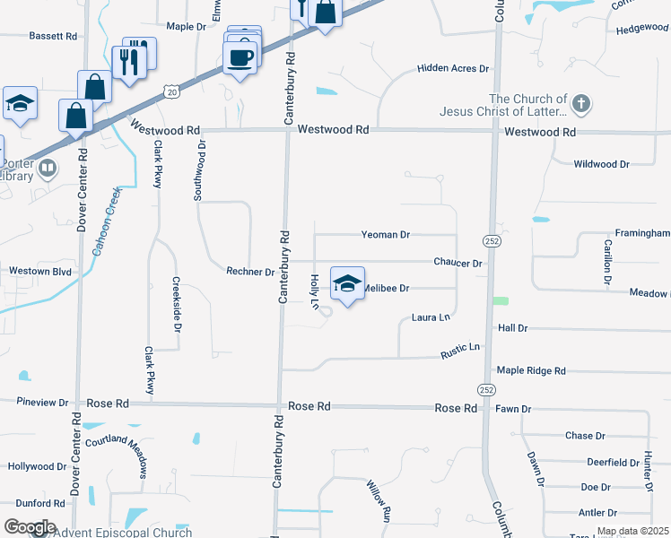 map of restaurants, bars, coffee shops, grocery stores, and more near 25906 Chaucer Drive in Westlake