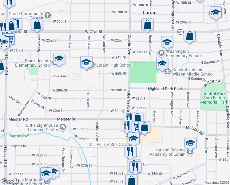 map of restaurants, bars, coffee shops, grocery stores, and more near 1220 West 28th Street in Lorain