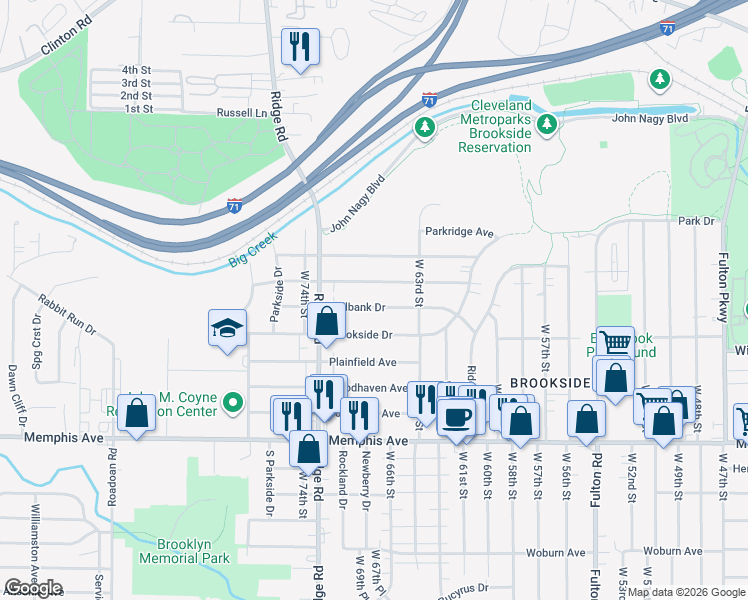 map of restaurants, bars, coffee shops, grocery stores, and more near 6901 Meadowbrook Drive in Cleveland