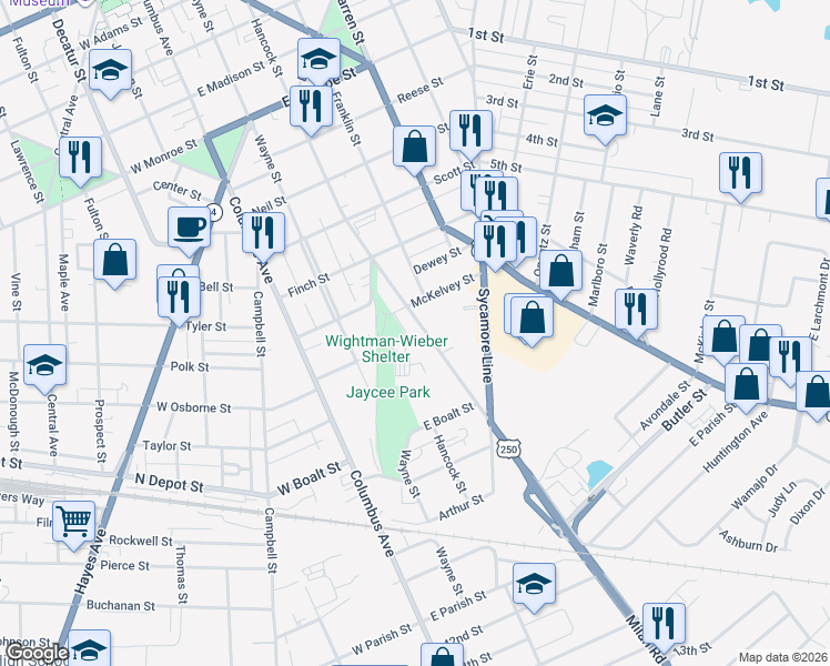 map of restaurants, bars, coffee shops, grocery stores, and more near 1414 Milan Road in Sandusky