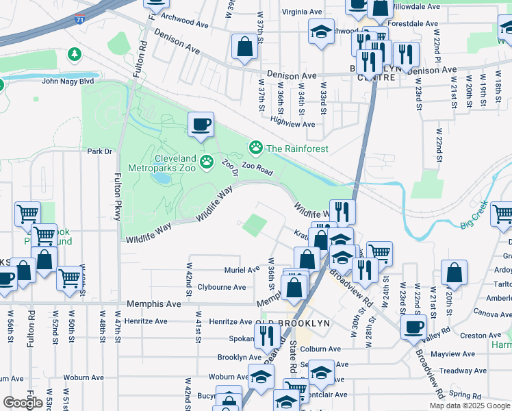 map of restaurants, bars, coffee shops, grocery stores, and more near 3815 Revere Court in Cleveland