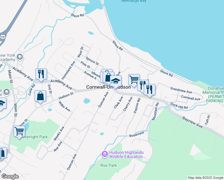 map of restaurants, bars, coffee shops, grocery stores, and more near 14 River Avenue in Cornwall-on-Hudson