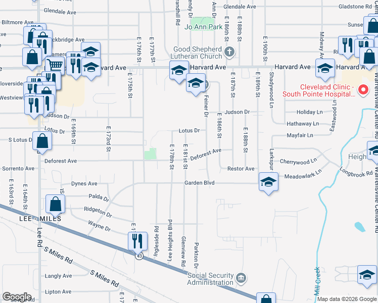 map of restaurants, bars, coffee shops, grocery stores, and more near 4183 East 181st Street in Cleveland