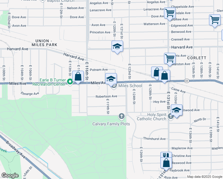 map of restaurants, bars, coffee shops, grocery stores, and more near 11820 Miles Avenue in Cleveland