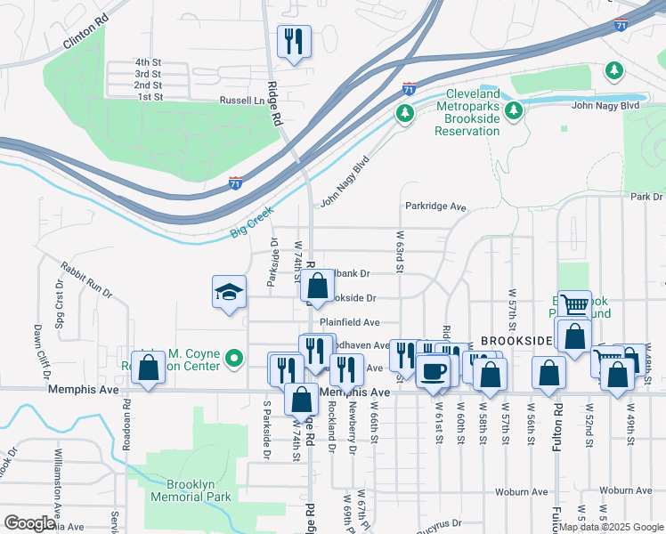 map of restaurants, bars, coffee shops, grocery stores, and more near 6901 Meadowbrook Drive in Cleveland